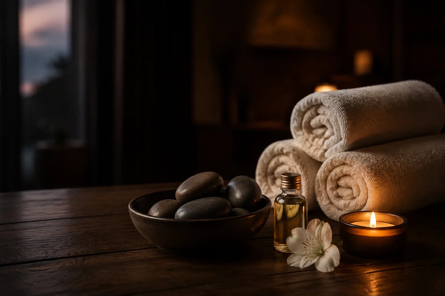 Ivory towels, warm stones, and candlelight prepared for a private spa ritual